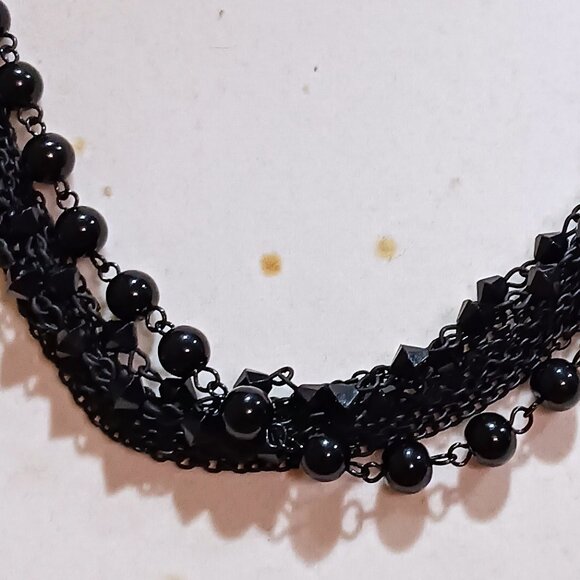 Handmade Black Chain and Bead Layered Cascade Statement Bib Necklace - Picture 3 of 9